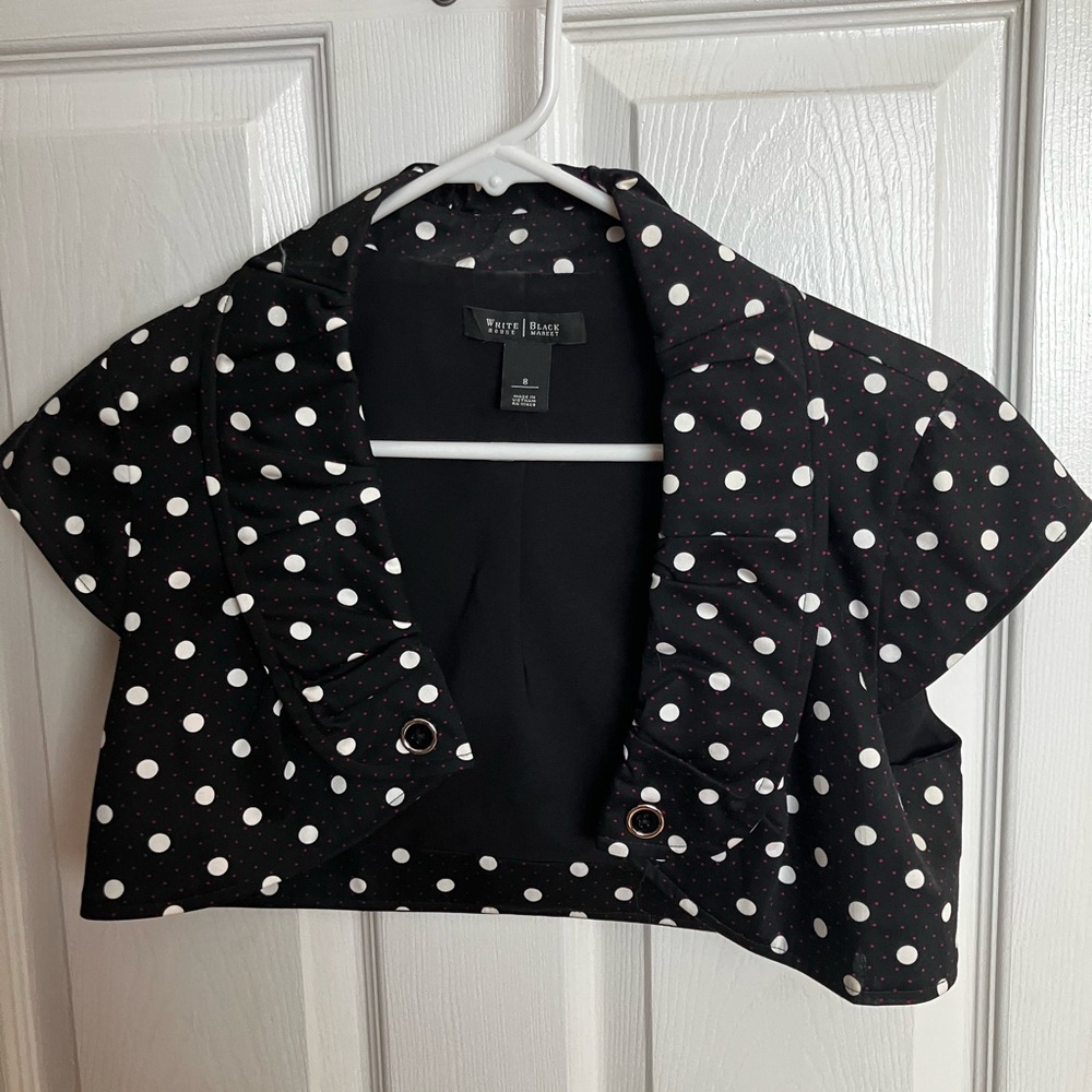 Fitted WHBM black dress with white polka dots and red accents, matching bolero - Picture 6 of 6